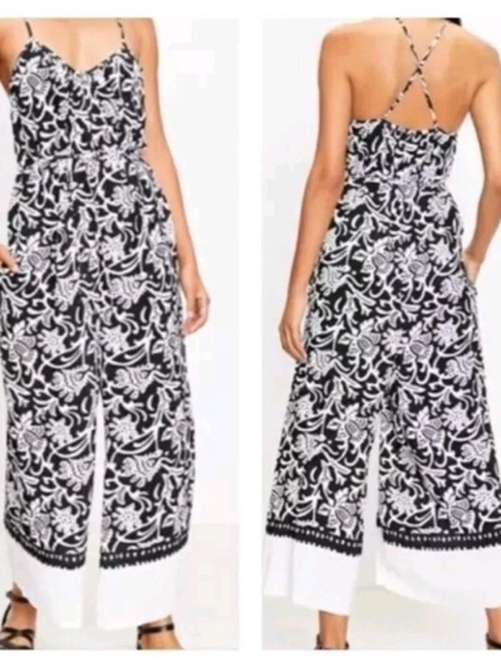 Loft Floral Printed Black White Wide-Leg Lightweight Summer Jumpsuit Medium Boho